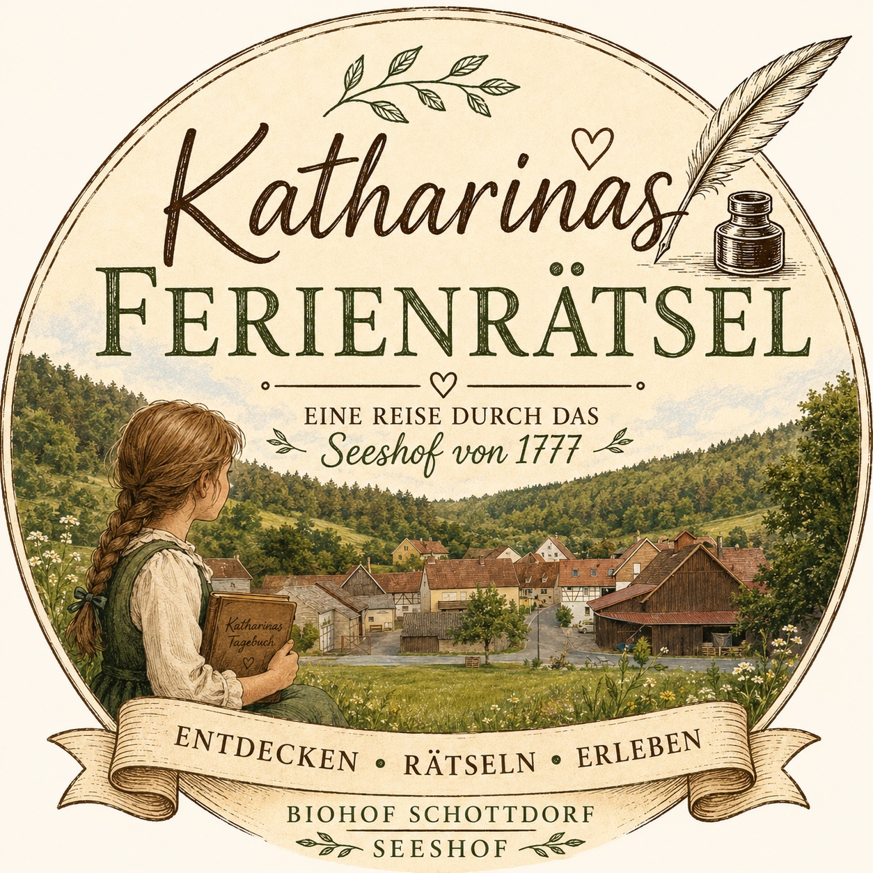 Illustration zu Katharinas Ferienrätsel mit Katharina und Blick auf Seeshof